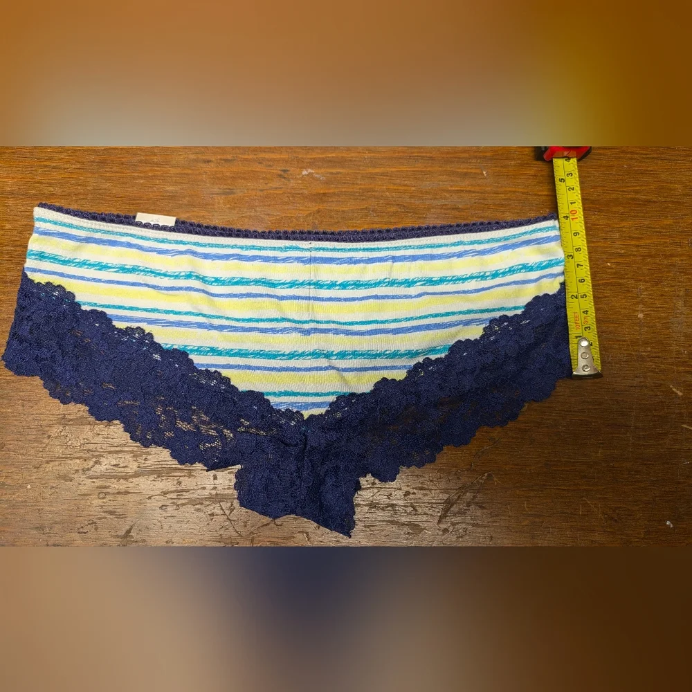 SO Medium Striped Blue, Teal & White, Blue Lace Trim Cheeky Cut Panty